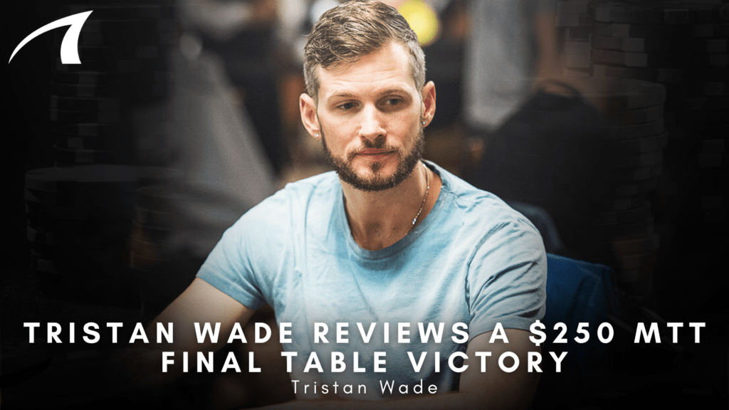 Bearded man in a light blue T-shirt seated at a poker table with chip stacks in the background and bold white headline text across the bottom.