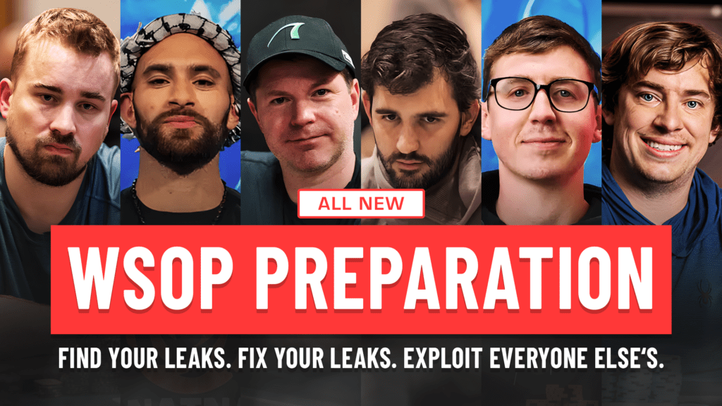 Promotional banner showing six men's faces with bold red text 'WSOP PREPARATION' and 'ALL NEW' badge above the letters.