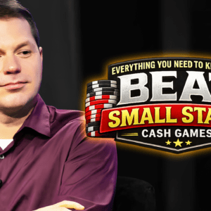 Man in a purple shirt sits to the left, next to a bold logo that reads 'BEAT SMALL STAKE CASH GAMES' with poker chips on the sides.