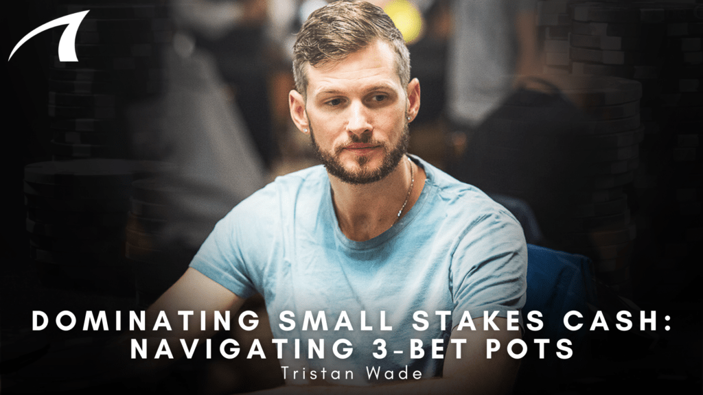 Poker article cover: man with beard in a blue shirt at a poker table, chip stacks in background, title about 3-bet pots and small stakes cash.
